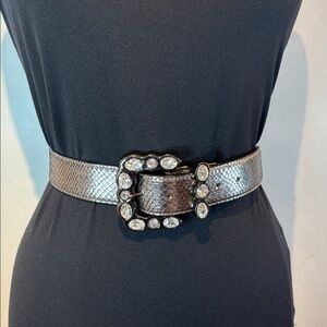 Leatherock silver metallic snake skin print belt rhinestone buckle size large